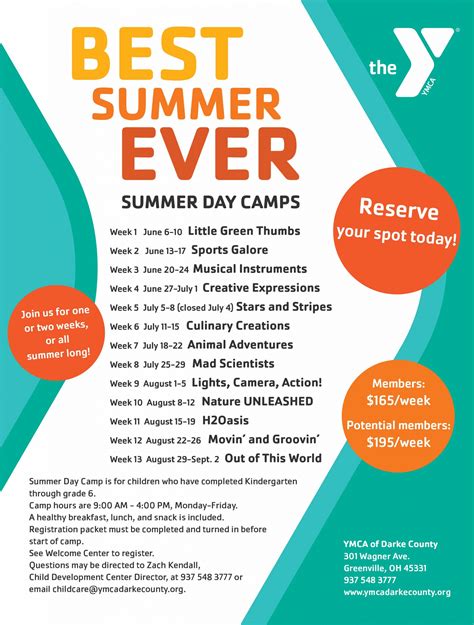 Before care will begin at 700 am (630am at Mulcahy) and after care will last until 600 pm. . Ymca summer camp themes and descriptions